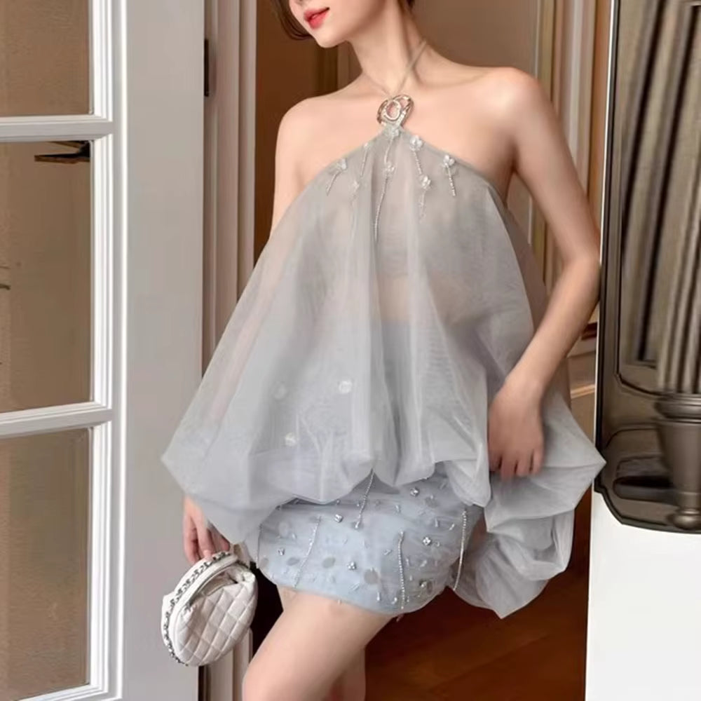 Casual Halter Neck Sleeveless Top High Waist Patchwork Sequins Skirt Solid Two Piece Sets