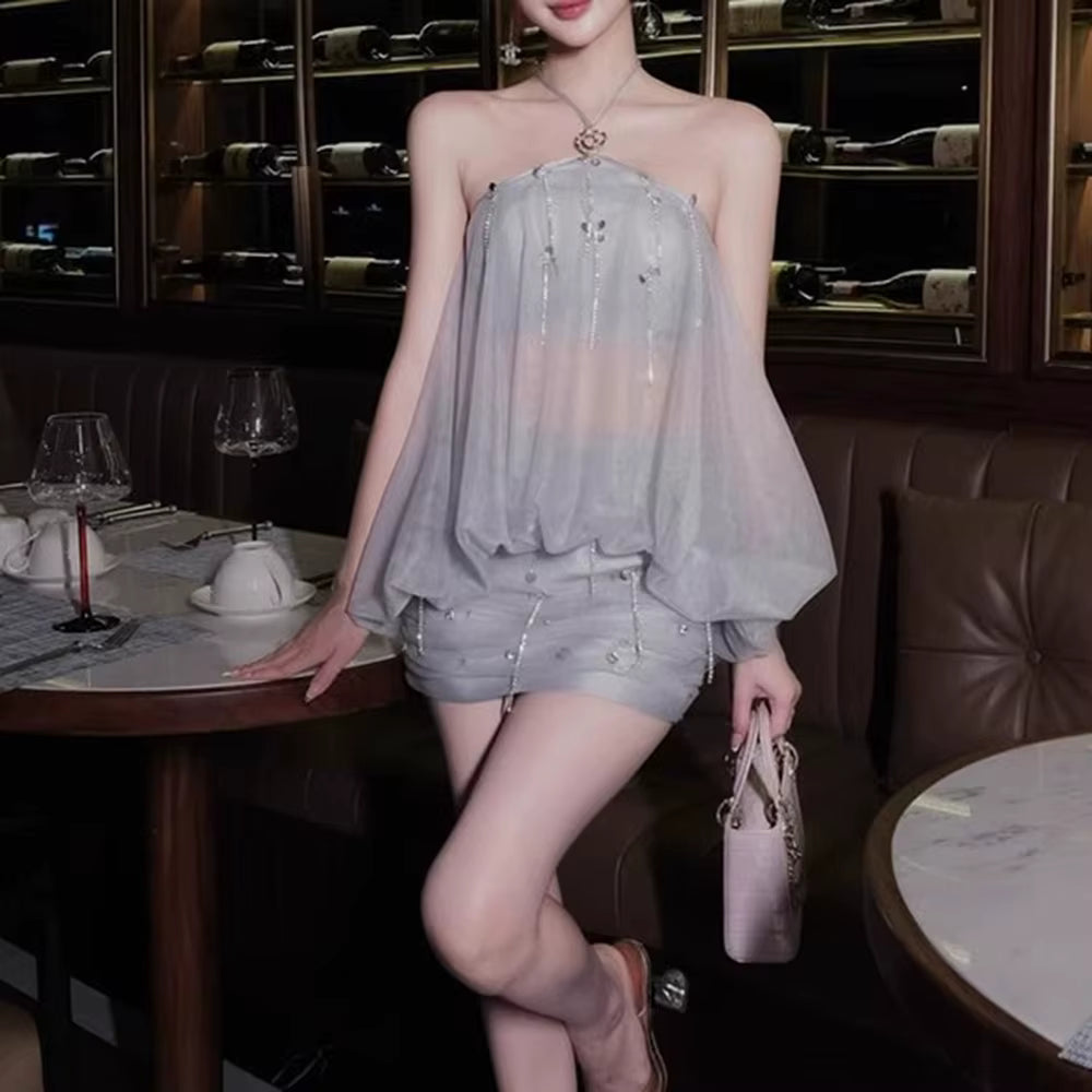 Casual Halter Neck Sleeveless Top High Waist Patchwork Sequins Skirt Solid Two Piece Sets