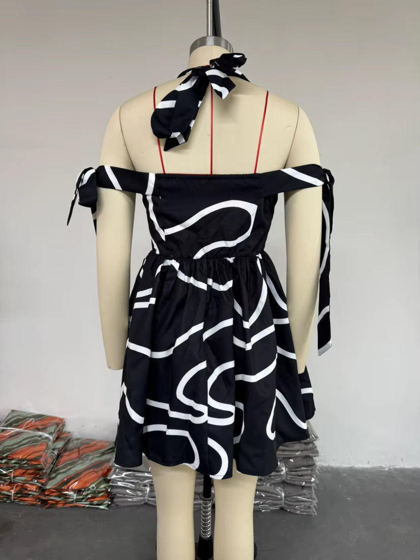 Casual Halter Printing Lace-Up Backless A-Line Striped Mini Dress