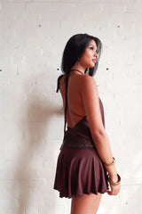 Casual Halter Sleeveless Patchwork Lace Backless Slim A-Line Short Mini Dress
