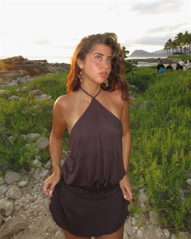 Casual Halter Sleeveless Patchwork Lace Backless Slim A-Line Short Mini Dress