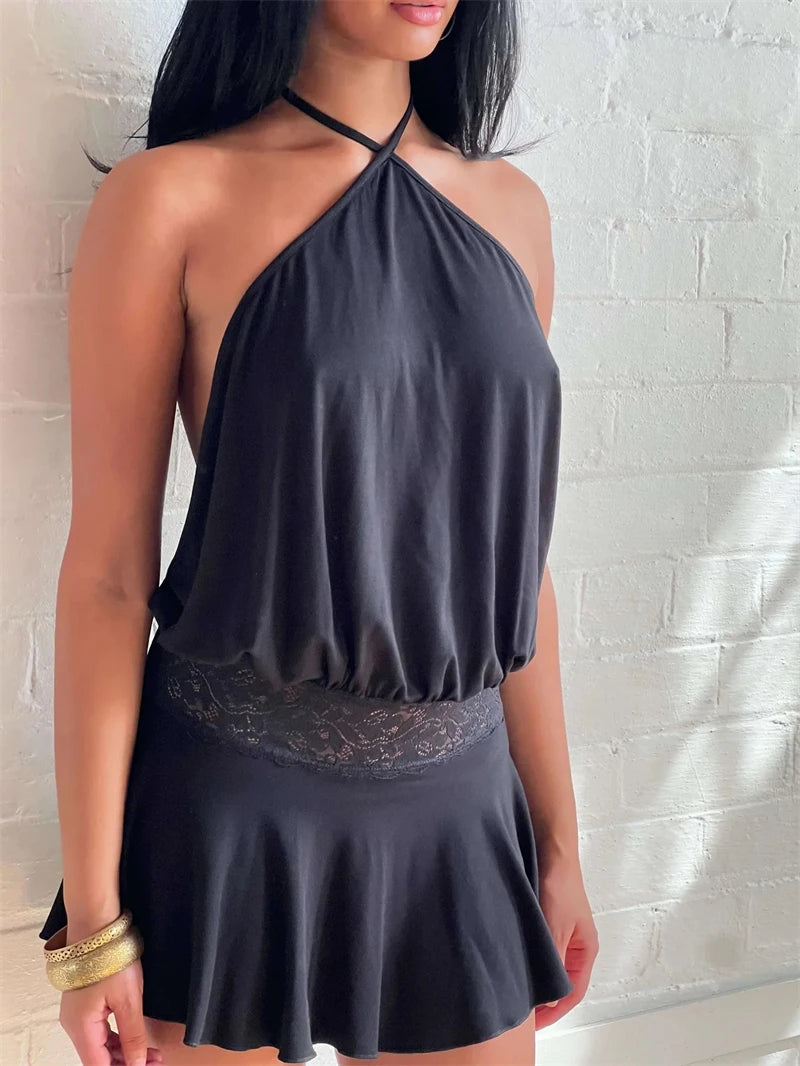 Casual Halter Sleeveless Patchwork Lace Backless Slim A-Line Short Mini Dress