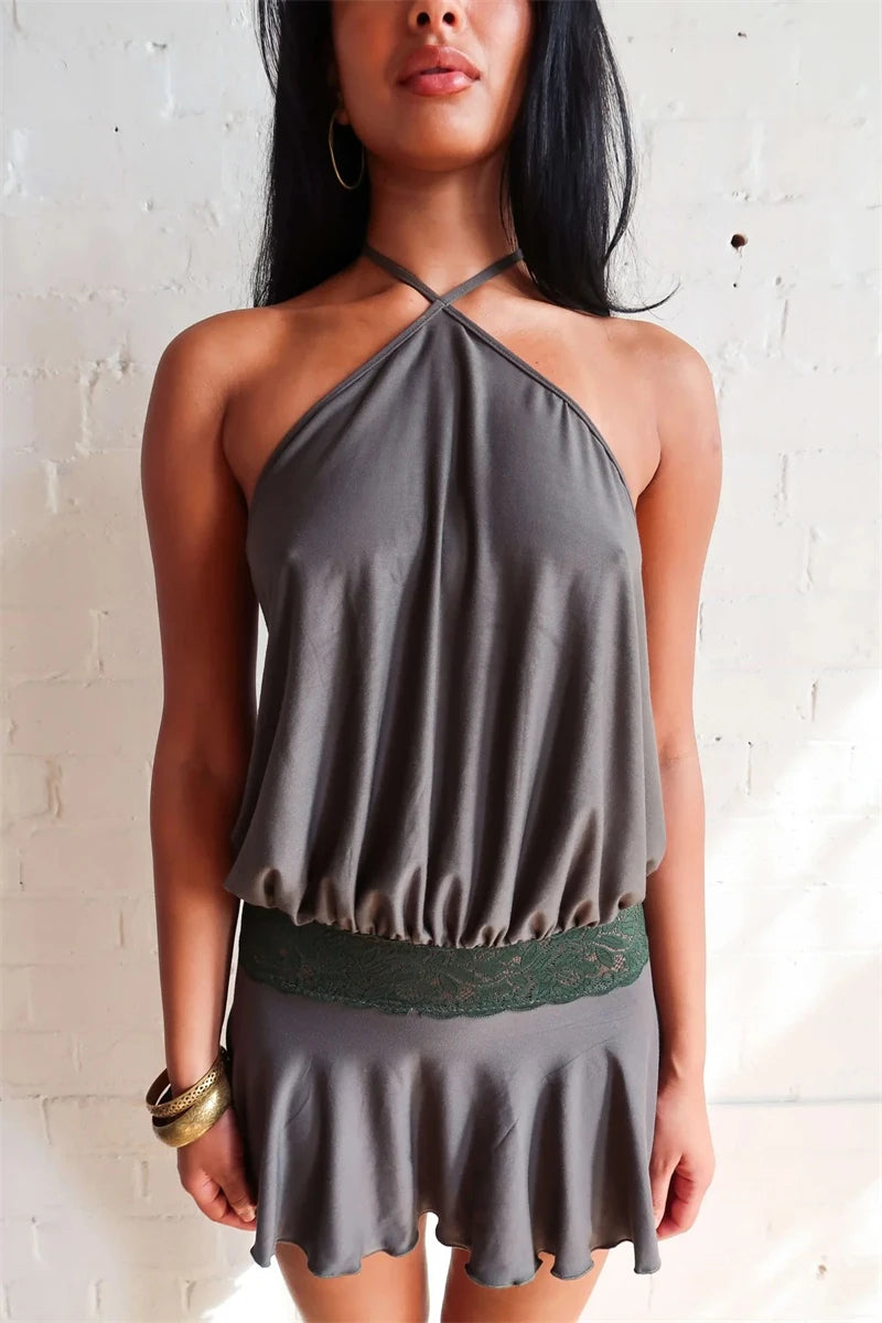 Casual Halter Sleeveless Patchwork Lace Backless Slim A-Line Short Mini Dress