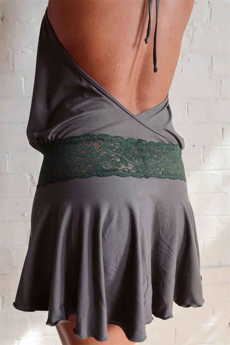 Casual Halter Sleeveless Patchwork Lace Backless Slim A-Line Short Mini Dress