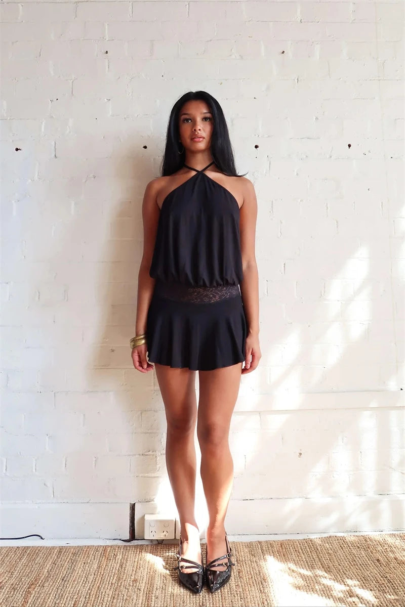Casual Halter Sleeveless Patchwork Lace Backless Slim A-Line Short Mini Dress