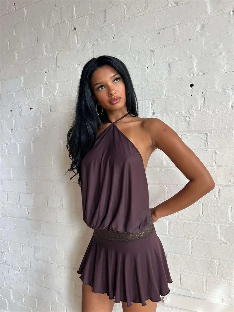 Casual Halter Sleeveless Patchwork Lace Backless Slim A-Line Short Mini Dress