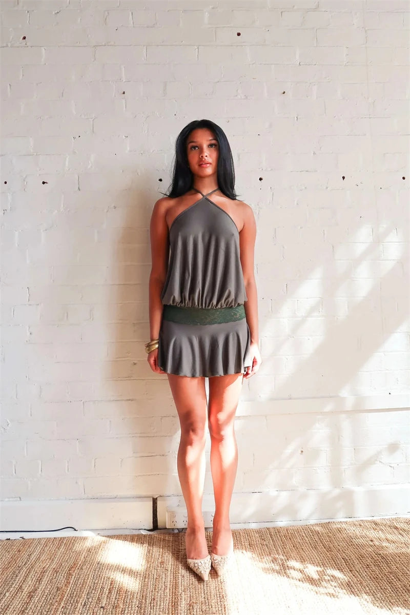 Casual Halter Sleeveless Patchwork Lace Backless Slim A-Line Short Mini Dress