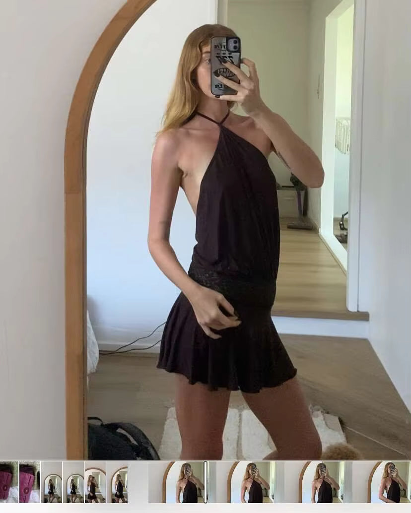 Casual Halter Sleeveless Patchwork Lace Backless Slim A-Line Short Mini Dress