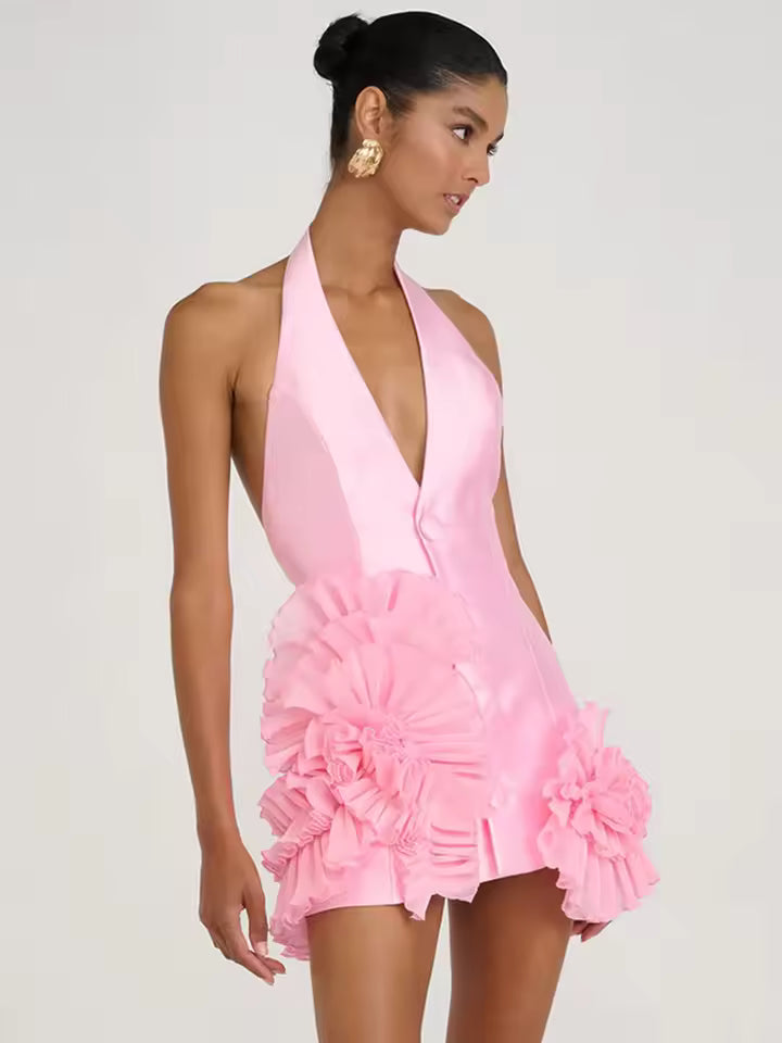 Casual Halter V-neck With Ruffled Flower Detail for Barbie-Inspired Parties Mini Dress