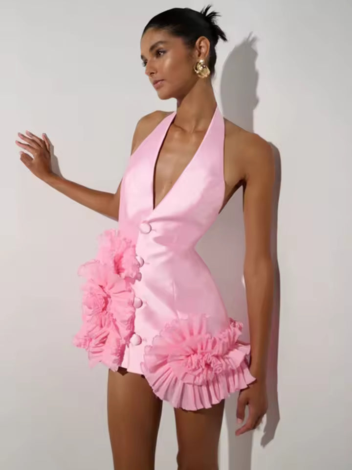 Casual Halter V-neck With Ruffled Flower Detail for Barbie-Inspired Parties Mini Dress