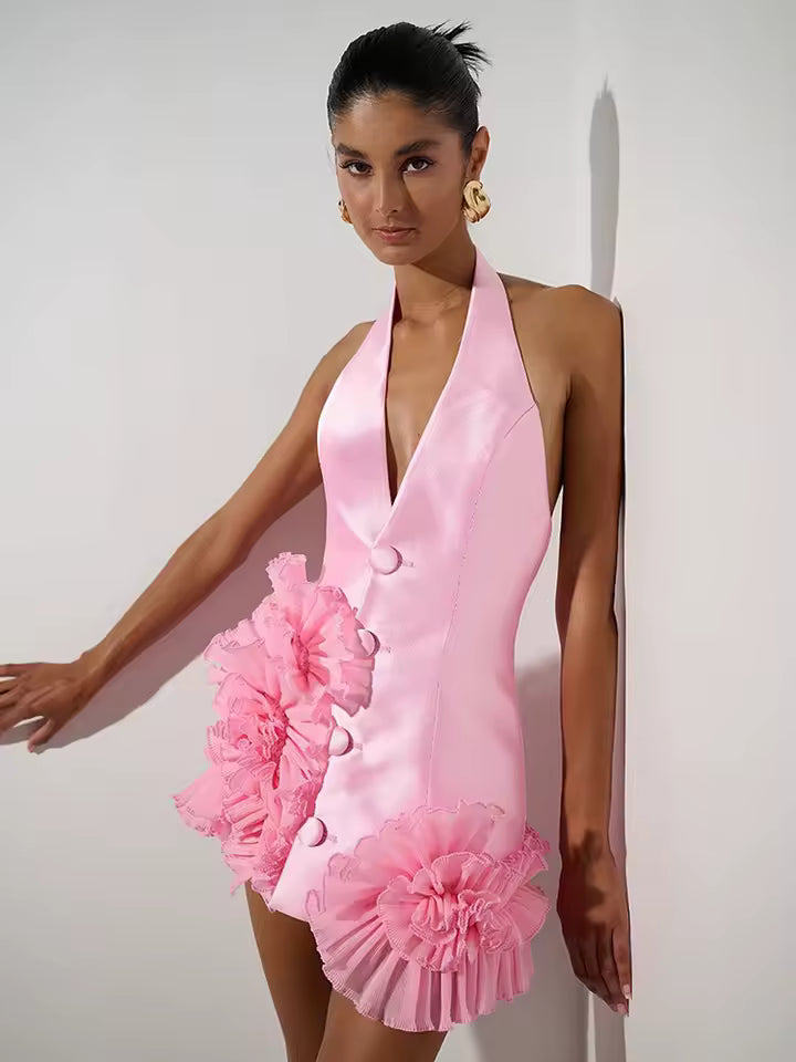 Casual Halter V-neck With Ruffled Flower Detail for Barbie-Inspired Parties Mini Dress
