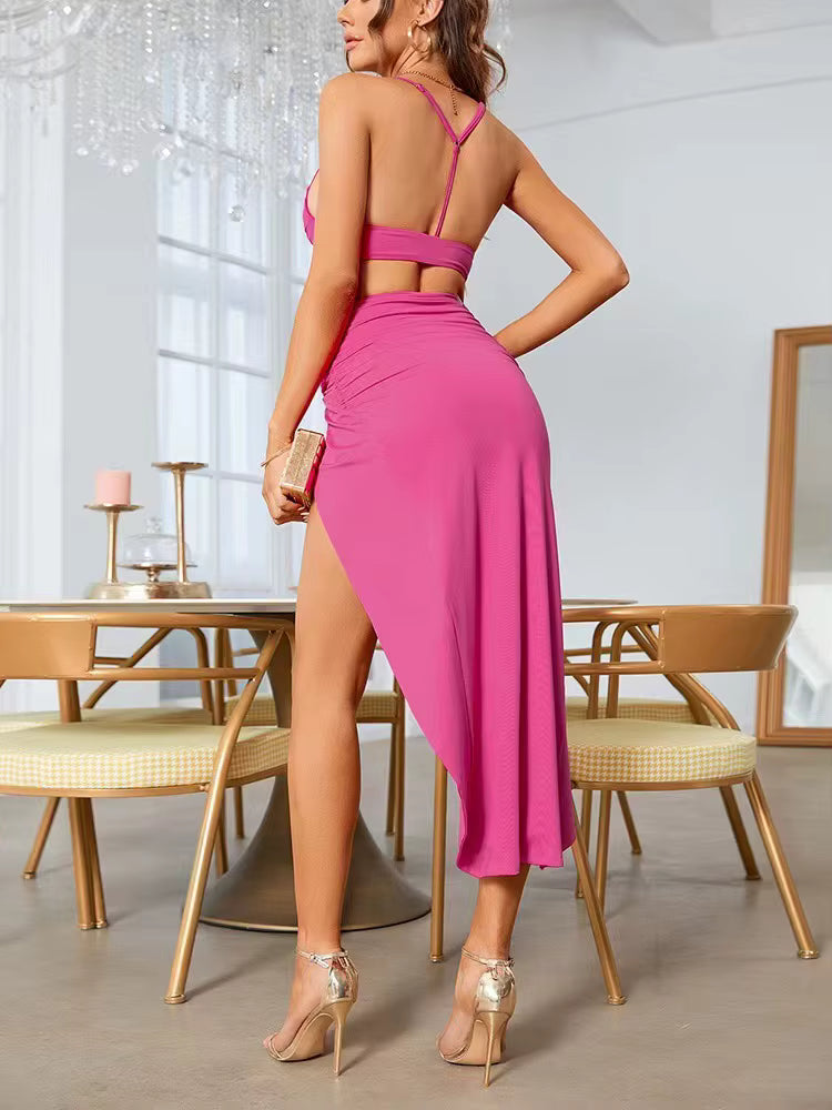 Casual Hanging Neck Open Back Short Top Tank Top and Long Split Skirt Two Piece Set