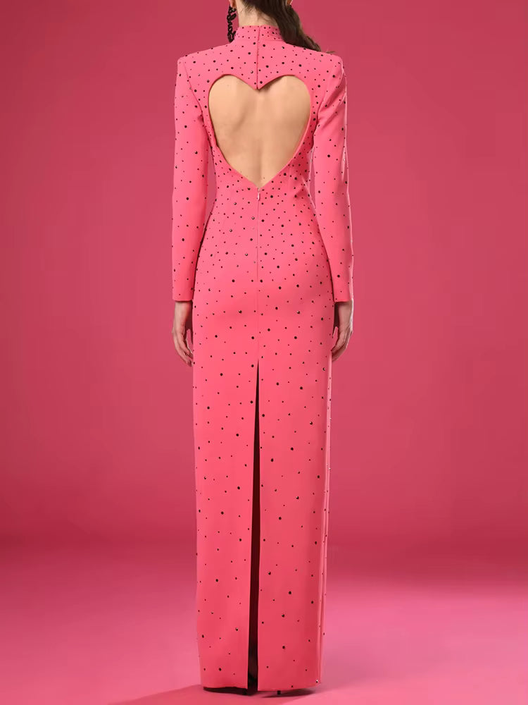 Casual Heart Shaped Hollowed Out Backless Diamonds Long Maxi Dress