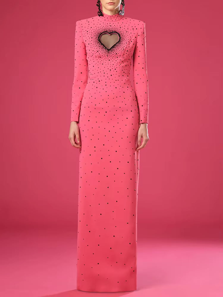 Casual Heart Shaped Hollowed Out Backless Diamonds Long Maxi Dress