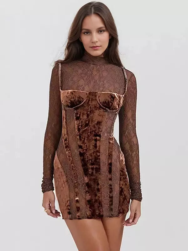 Elegant High Neck Lace Long Sleeve Sheer Bodycon Mini Dress