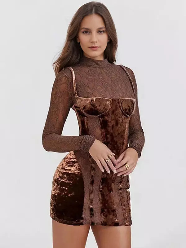 Elegant High Neck Lace Long Sleeve Sheer Bodycon Mini Dress