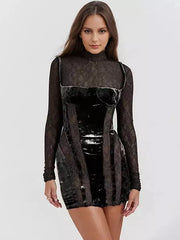 Elegant High Neck Lace Long Sleeve Sheer Bodycon Mini Dress