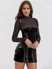 Elegant High Neck Lace Long Sleeve Sheer Bodycon Mini Dress