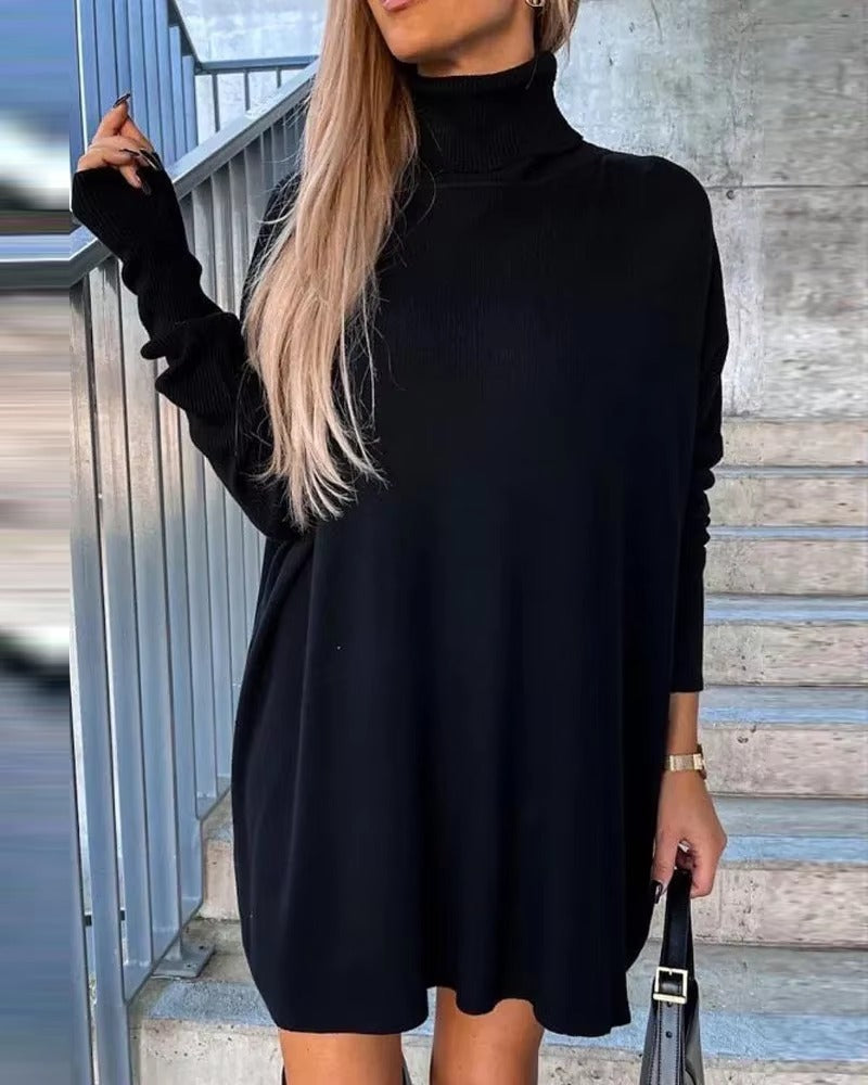 Casual High Neck Long Sleeve Straight High Street Mini Knit Sweater Dress