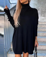 Casual High Neck Long Sleeve Straight High Street Mini Knit Sweater Dress