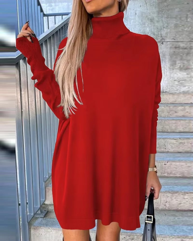 Casual High Neck Long Sleeve Straight High Street Mini Knit Sweater Dress