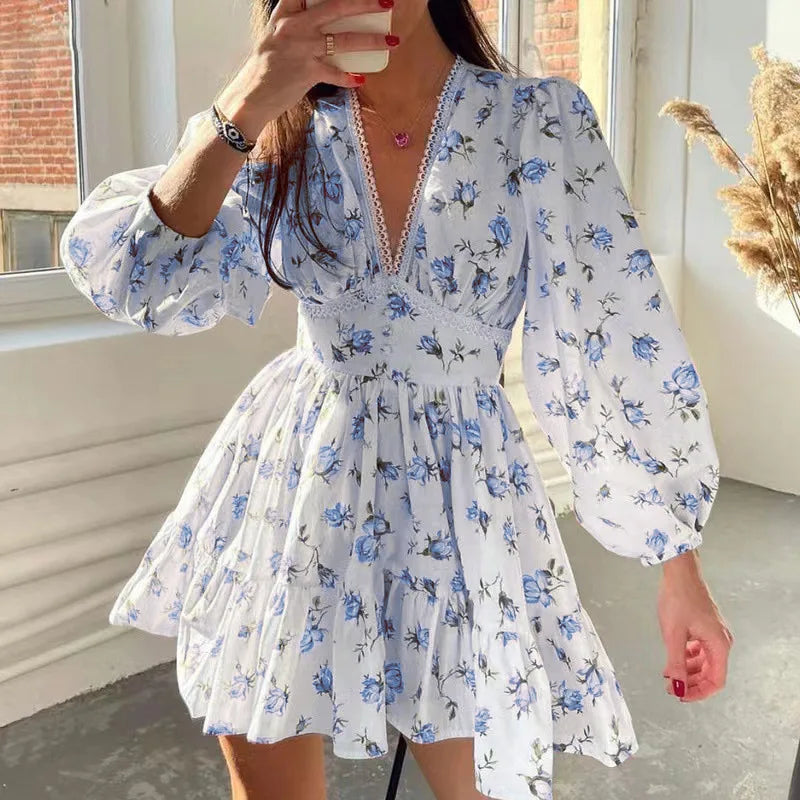 Casual High Waist A-Line  Floral Print Long Sleeve V Neck Mini Dresses