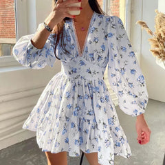 Casual High Waist A-Line  Floral Print Long Sleeve V Neck Mini Dresses