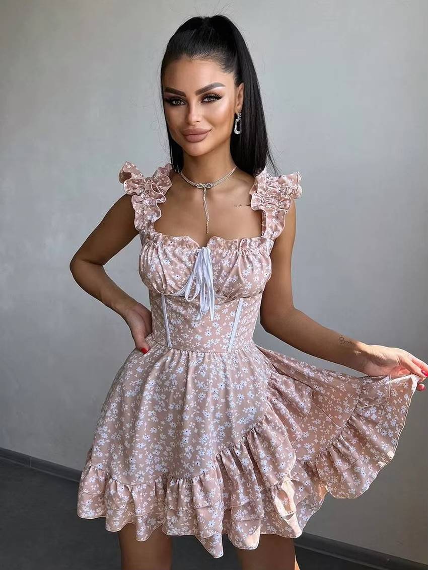 Casual High Waist Pleated Square Collar Sleeveless Slim Printed Mini Dress