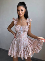 Casual High Waist Pleated Square Collar Sleeveless Slim Printed Mini Dress