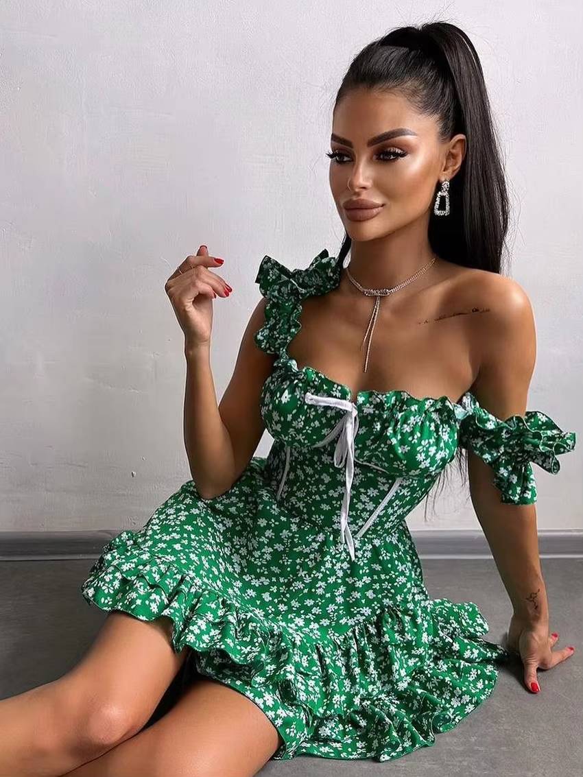 Casual High Waist Pleated Square Collar Sleeveless Slim Printed Mini Dress
