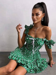 Casual High Waist Pleated Square Collar Sleeveless Slim Printed Mini Dress