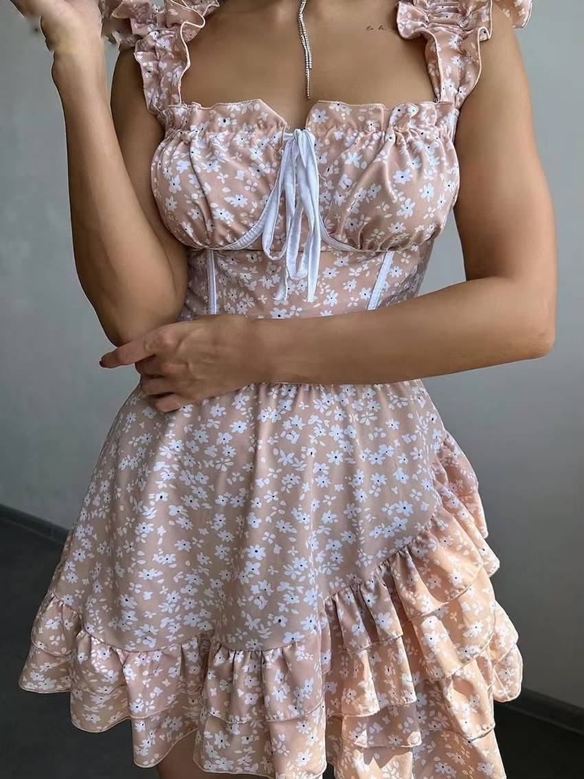 Casual High Waist Pleated Square Collar Sleeveless Slim Printed Mini Dress