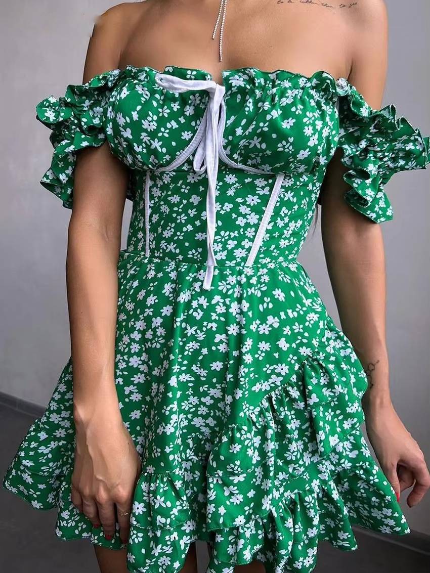 Casual High Waist Pleated Square Collar Sleeveless Slim Printed Mini Dress