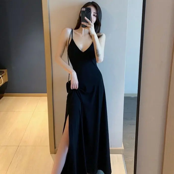 Casual High Waist Sleeveless Backless V-Neck Retro Long Dress