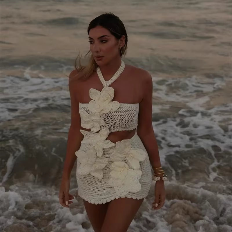 Casual Hollow Out Sleeveless Halter Beach 3d Flower Knitted Dresses