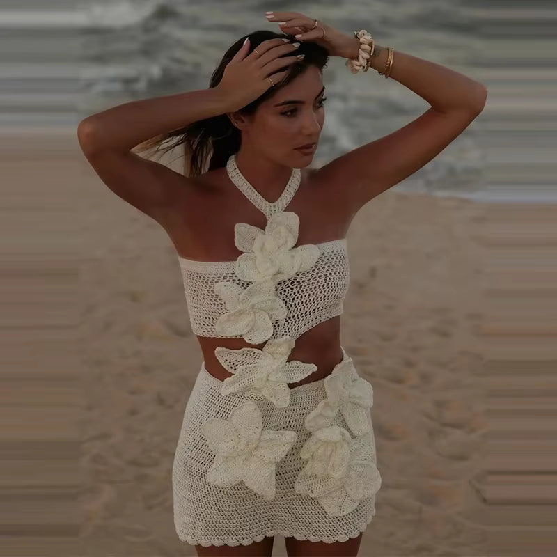Casual Hollow Out Sleeveless Halter Beach 3d Flower Knitted Dresses