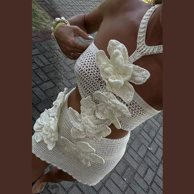Casual Hollow Out Sleeveless Halter Beach 3d Flower Knitted Dresses