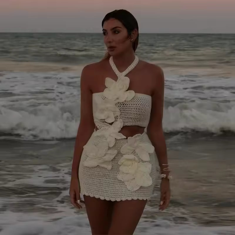 Casual Hollow Out Sleeveless Halter Beach 3d Flower Knitted Dresses