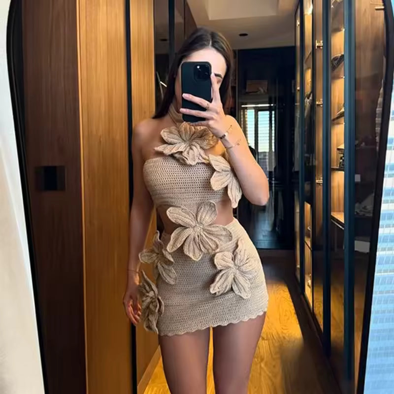 Casual Hollow Out Sleeveless Halter Beach 3d Flower Knitted Dresses