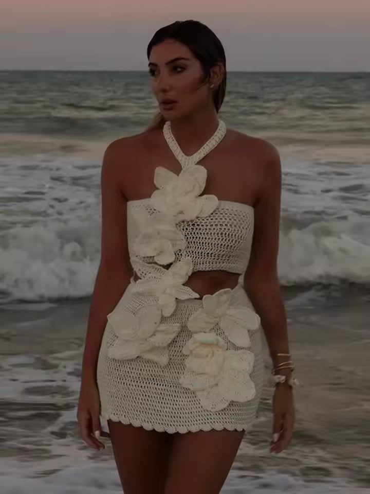Casual Hollow Out Sleeveless Halter Beach 3d Flower Knitted Dresses