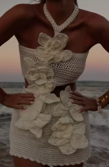 Casual Hollow Out Sleeveless Halter Beach 3d Flower Knitted Dresses