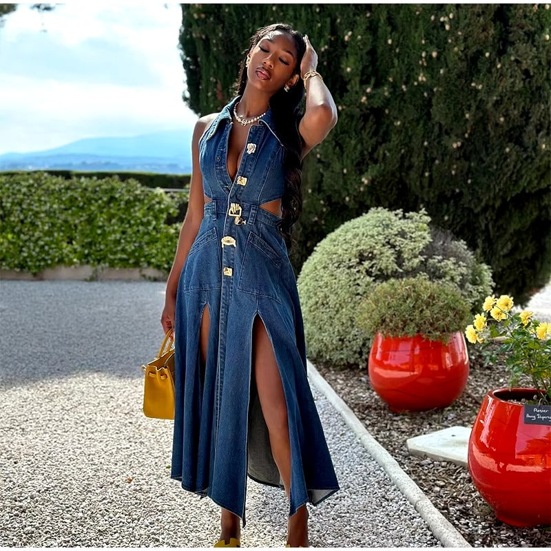 Casual Hollow Out Turndown Collar Side Split Long Dress