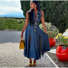 Casual Hollow Out Turndown Collar Side Split Long Dress