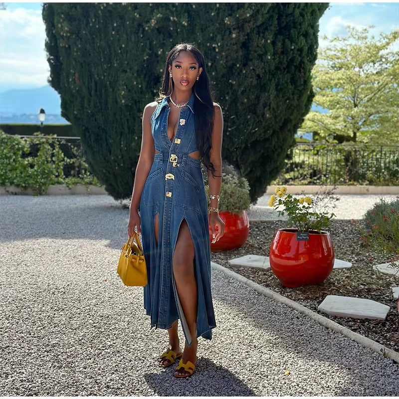 Casual Hollow Out Turndown Collar Side Split Long Dress