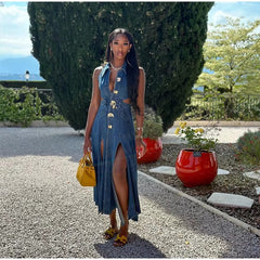 Casual Hollow Out Turndown Collar Side Split Long Dress