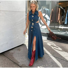 Casual Hollow Out Turndown Collar Side Split Long Dress