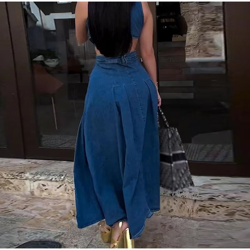Casual Hollow Out Turndown Collar Side Split Long Dress
