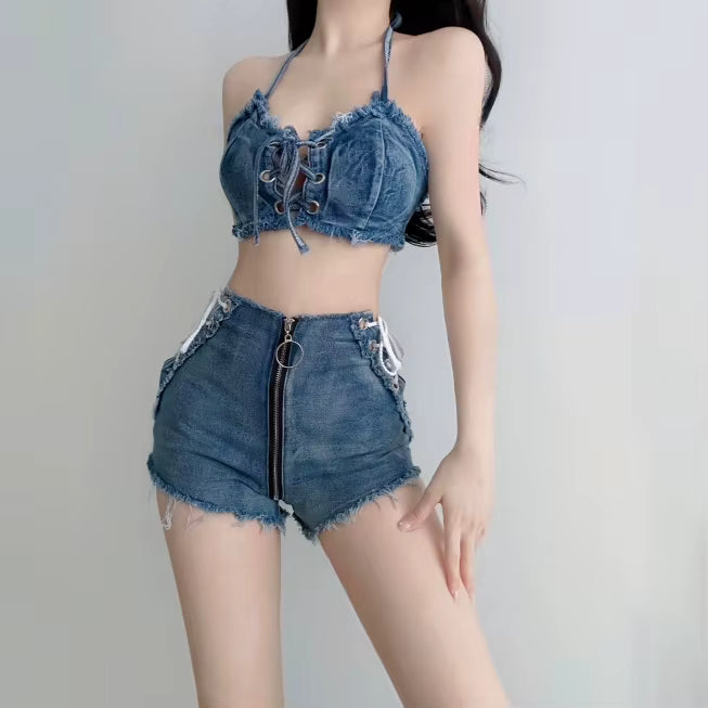 Casual Hollow Stripe Skinny Bra And Low Waist Shorts Non Stretch 2 Piece Set