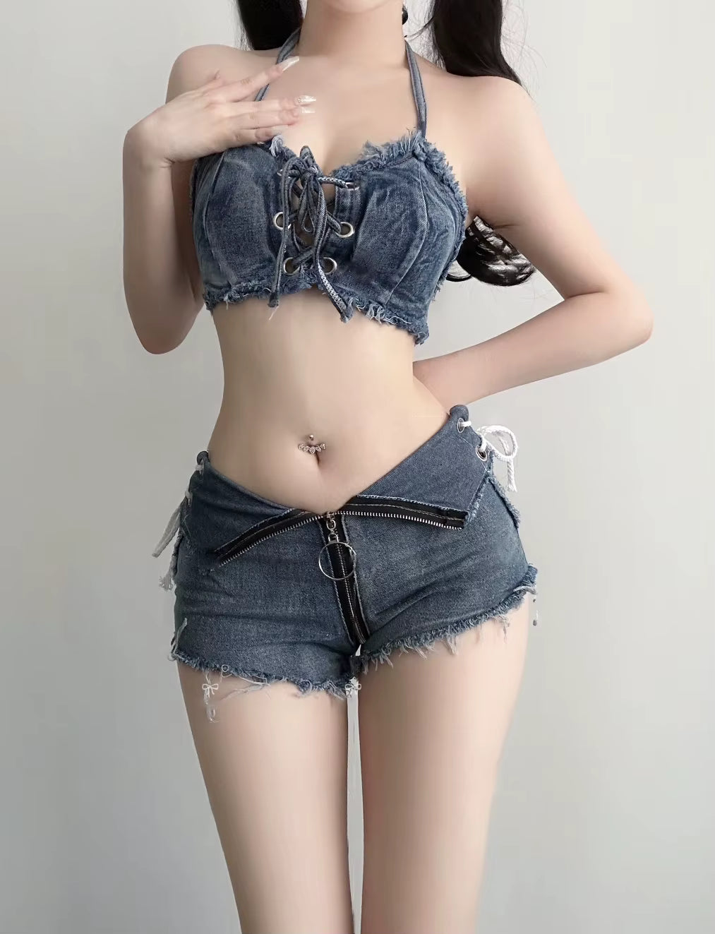 Casual Hollow Stripe Skinny Bra And Low Waist Shorts Non Stretch 2 Piece Set