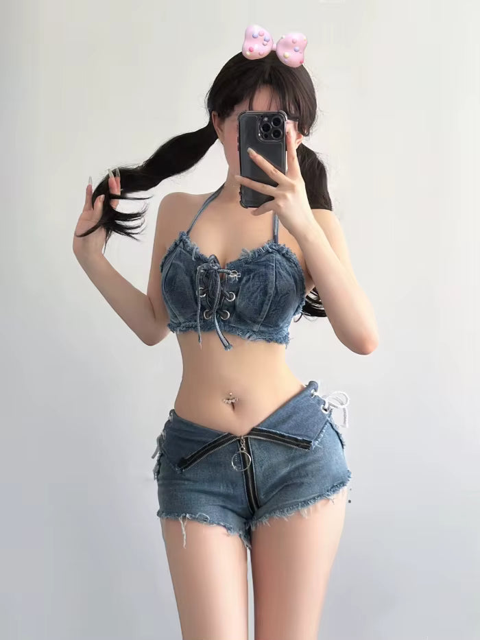 Casual Hollow Stripe Skinny Bra And Low Waist Shorts Non Stretch 2 Piece Set